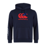 The Canterbury Samoa CCC Flag Club Hoodie by WRS Canterbury features a bold red logo with a Southern Cross motif and "canterbury" text on the chest, plus white stripes on the left sleeve, all in navy blue.