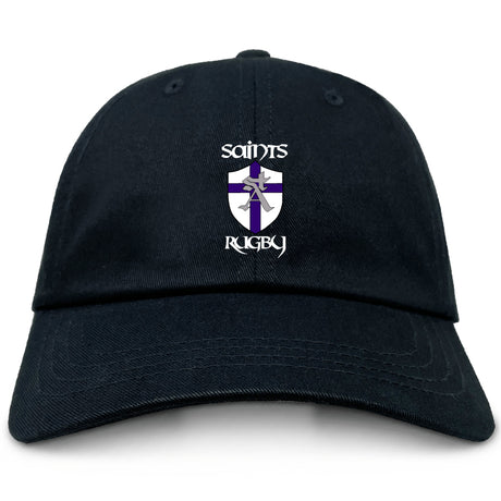 Classic style meets team spirit in this black cap, showcasing embroidered "Saints Rugby" branding and a striking purple sword emblem on the front. This St. Augustine High School Adult Low-Profile Cotton Twill Dad Cap by EMB Alpha Broder combines comfort and flair for any fan.