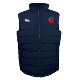 Navy blue Samoa Shield Core Gilet by EMB Canterbury with Thermoreg insulation and zip closure, featuring the Canterbury logo and a Samoa Shield patch in red and blue on the chest.