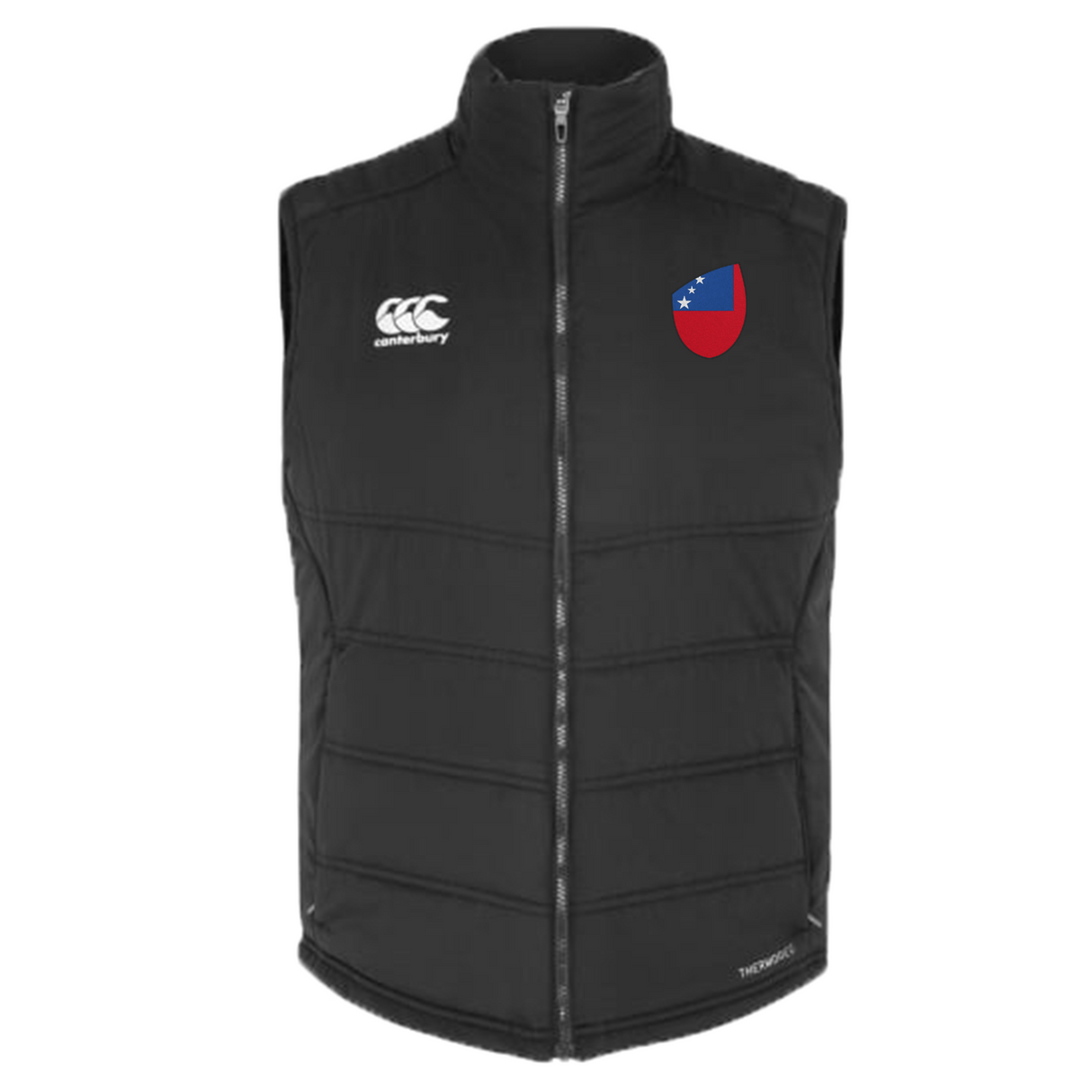 Introducing the Samoa Shield Core Gilet from EMB Canterbury, a black zip-up vest with a white logo on the left and a vibrant Samoa Shield emblem on the right. Perfect for those who appreciate classic design with unique details.