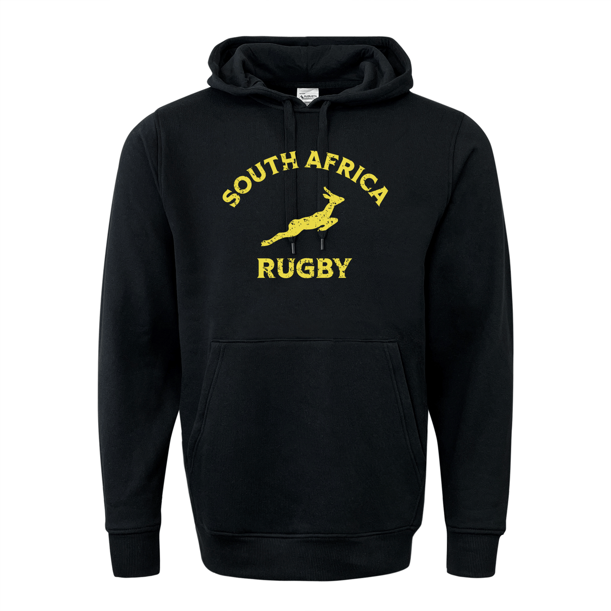 A black medium weight sweat top with "Nations of Rugby South Africa" text and a giraffe graphic in yellow print.