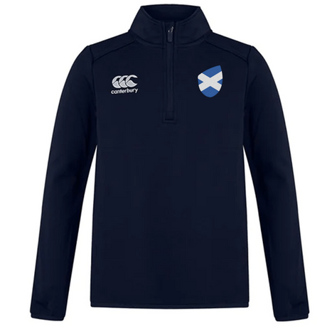 A navy blue EMB Canterbury Scotland Club Shield 1/4 Zip Training Top featuring a chest emblem.