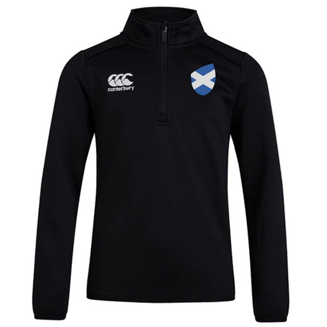 The EMB Canterbury Scotland Club Shield 1/4 Zip Training Top in black features a Scottish flag emblem on the chest, perfect for showcasing your pride with comfort and style.