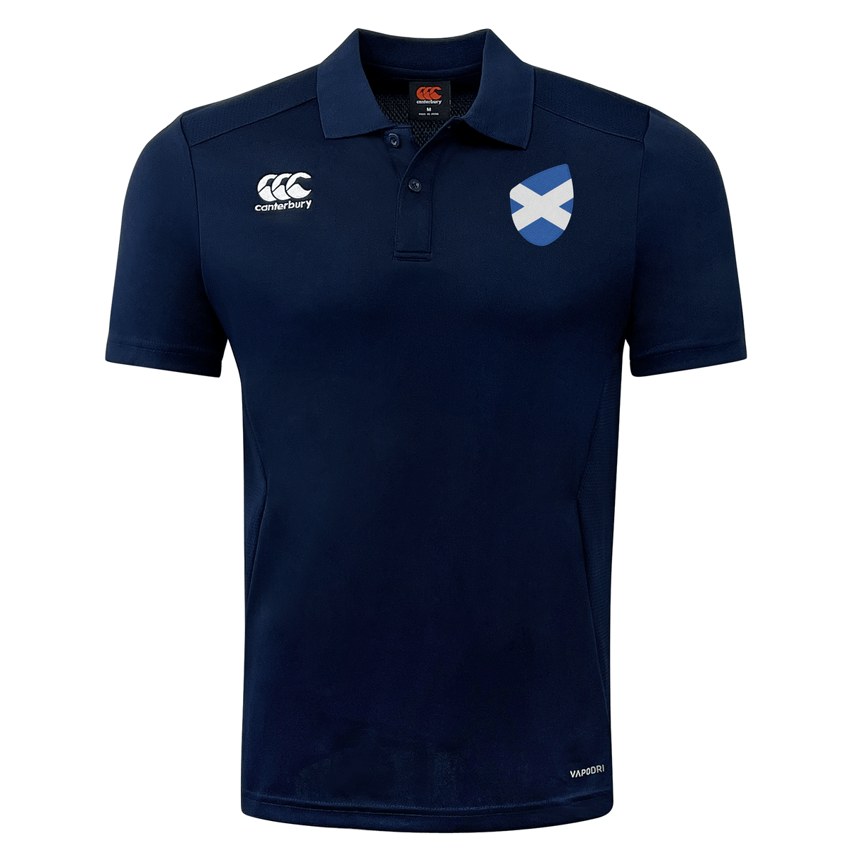 A navy blue Scotland Shield Club Dry Polo shirt with a collar, featuring the EMB Canterbury logo on the left chest, an embroidered Scotland Shield badge on the right chest, and a button-up placket. Just In!