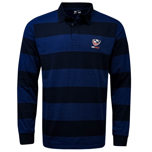 The SDS USA Rugby Tonal Hooped Classic Jersey is a navy and black long-sleeved rugby shirt with hooped stripes and a small embroidered chest emblem.