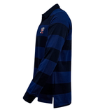 Side view of the SDS USA Rugby Tonal Hooped Classic Jersey in navy and black stripes, with a collar and left chest emblem. Ideal for USA Rugby fans.