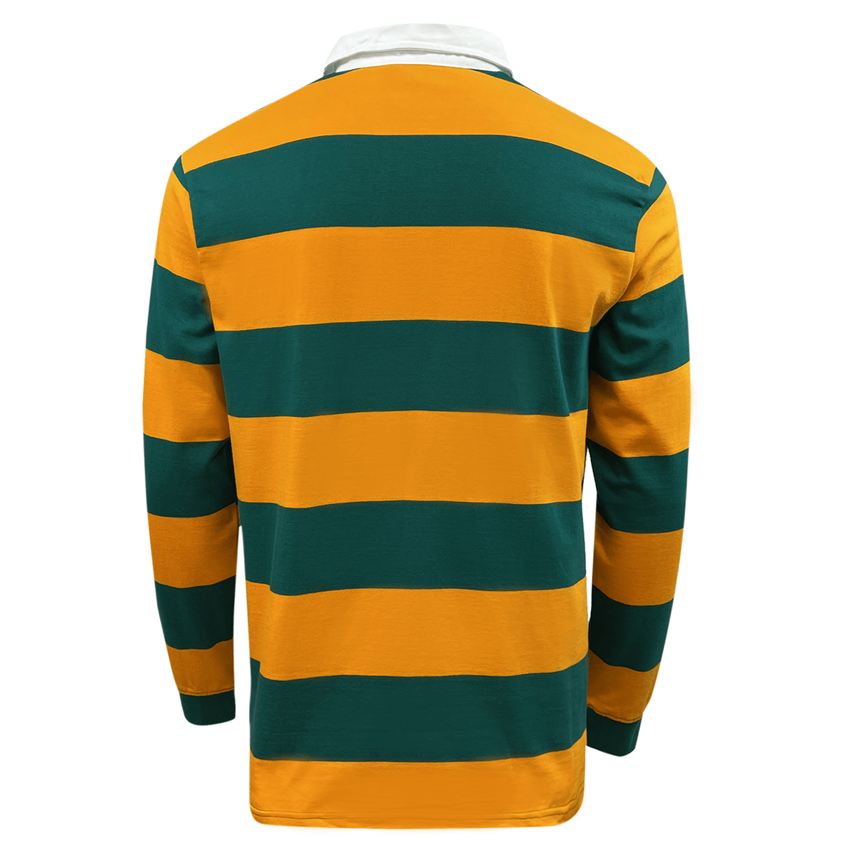 The back of a SDS Wallabies Hooped Classic Rugby Jersey 23/24 with green and gold stripes.