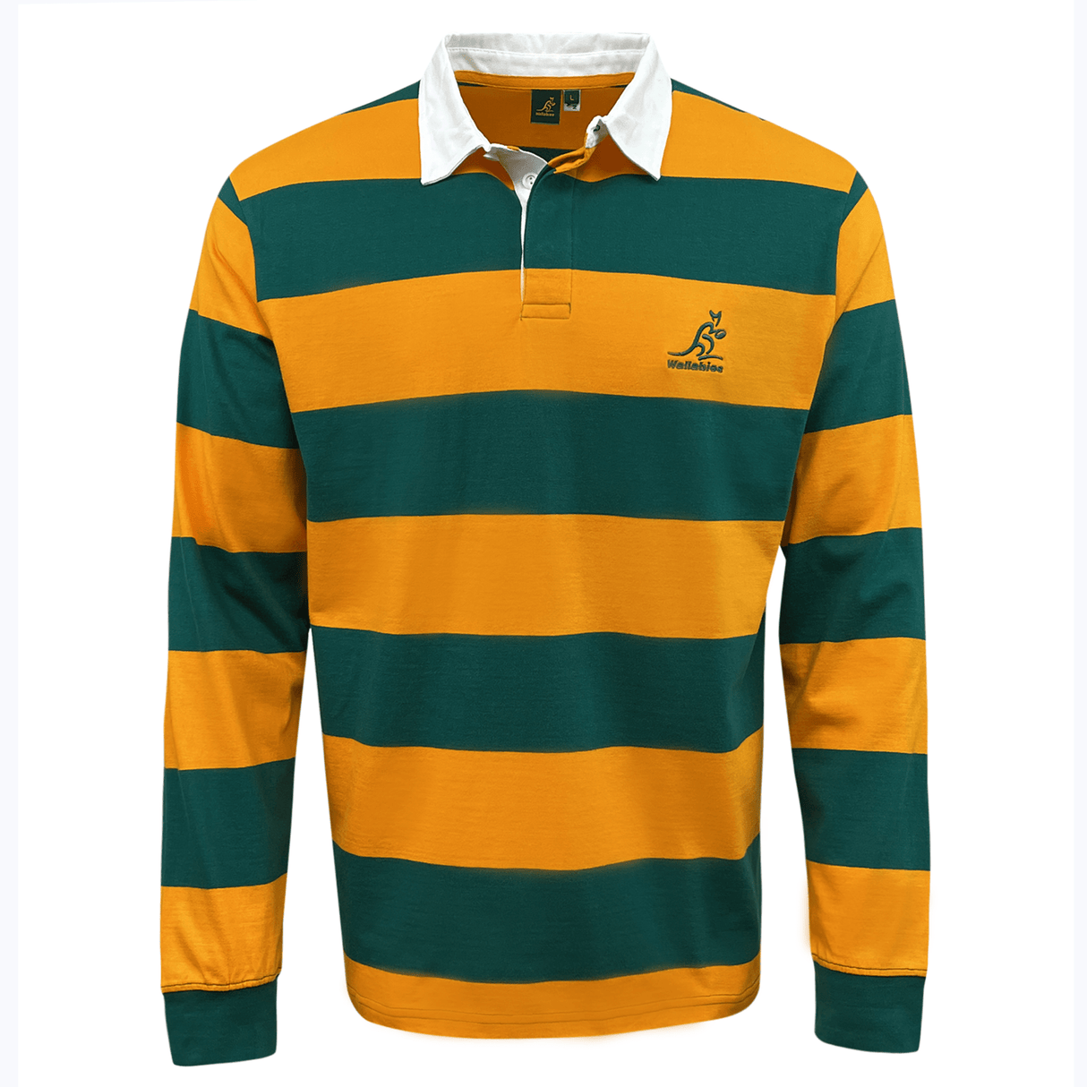 An SDS Wallabies Hooped Classic Rugby Jersey 23/24 with a green and yellow stripe, representing the Wallabies.