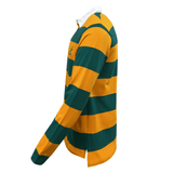 An SDS Wallabies Hooped Classic Rugby Jersey 23/24 with a yellow and green stripe, representing the Wallabies team.