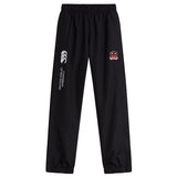 The Southern Pines Youth Rugby Cuffed Hem Stadium Pant by EMB Canterbury features an elastic waistband and cuffed hem, adorned with a white Canterbury of New Zealand logo and a red and white shield emblem. These pants are perfect for any young rugby enthusiast.