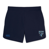 Navy blue gym shorts with the EMB Canterbury logo on the left thigh and a "Scottish rugby" emblem with a thistle design on the right leg.