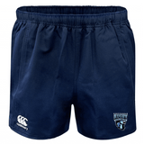 Navy blue Scottsdale Rugby Advantage Rugby Shorts by EMB Canterbury with an elastic waistband, featuring a small white logo on the left thigh and a 'Lehigh Rugby' emblem on the right, made from moisture-wicking fabric.