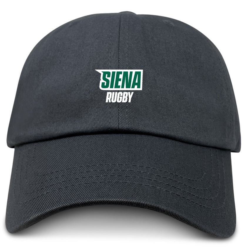 Black Siena College Adult Low-Profile Cotton Twill Dad Cap by EMB Alpha Broder, featuring embroidered "Siena Rugby" team branding in green and white text on the front.