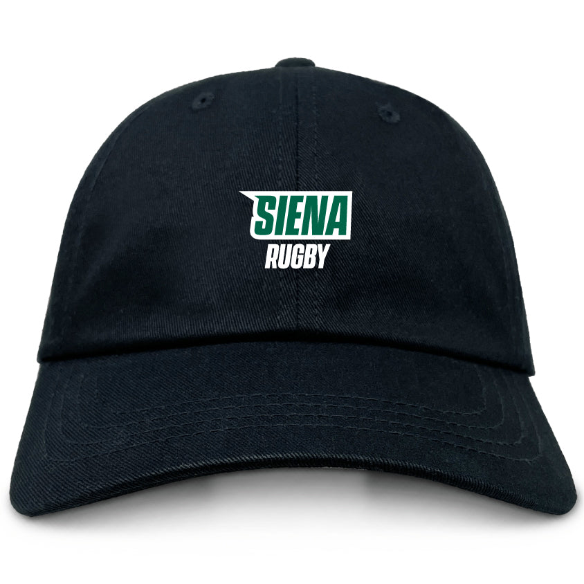 The Siena College Adult Low-Profile Cotton Twill Dad Cap by EMB Alpha Broder is black with "Siena Rugby" embroidered in green and white on the front.