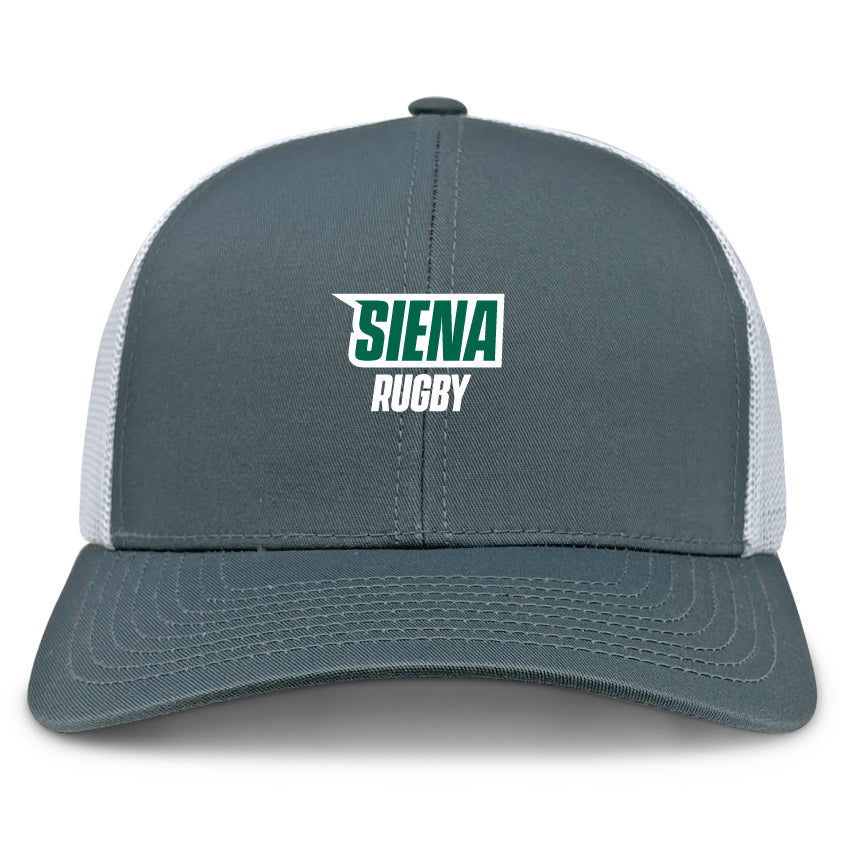 The Siena College Retro Trucker Cap by EMB Alpha Broder is a green and white cap with "Siena Rugby" embroidered in bold letters and features an adjustable snapback closure for a perfect fit.