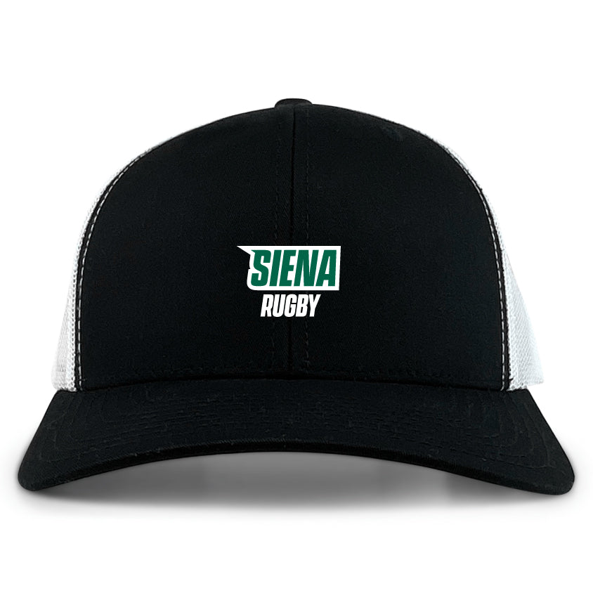 The black and white EMB Alpha Broder Siena College Retro Trucker Cap features a green and white "Siena Rugby" logo on the front. Its snapback closure ensures adjustable comfort, making this cap both stylish and practical.