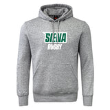 The Siena College Club Hoodie by WRS Canterbury is gray with a front pocket, made from sweatshirt fleece. It features "SEENA" in green and "RUGBY" in white on the chest, along with subtle Canterbury branding for authenticity.