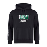 The Siena College Club Hoodie by WRS Canterbury features "SIENA RUGBY" in green and white on the front, a white design on the left sleeve, and Canterbury branding for a classic look. Customization is optional for a personalized touch.