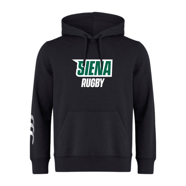 The Siena College Club Hoodie by WRS Canterbury features "SIENA RUGBY" in green and white on the front, a white design on the left sleeve, and Canterbury branding for a classic look. Customization is optional for a personalized touch.