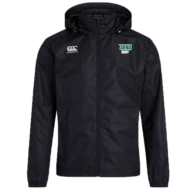 The Siena College Club Vaposhield Full Zip Rain Jacket by EMB Canterbury features Canterbury and Siena Rugby logos on the chest and includes VapoShield technology for water resistance, perfect for unpredictable weather.