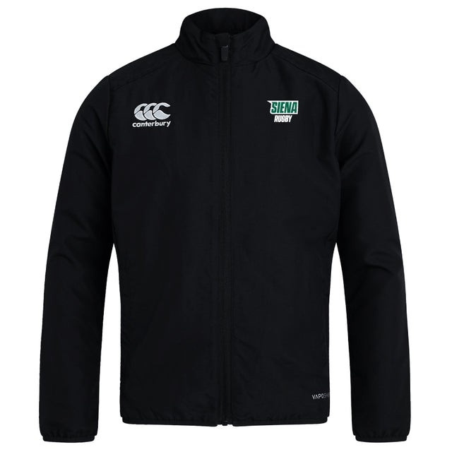 The EMB Canterbury Siena College Club Track Jacket is a lightweight black jacket featuring a high collar, Canterbury logo on the left chest, and "Siena Rugby" on the right. Made from quick-drying material, it's ideal for active lifestyles.