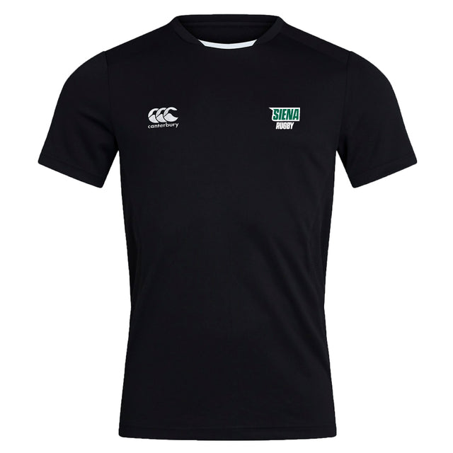 The Siena College Club Dry Tee by EMB Canterbury is a black rugby jersey with a "Canterbury" logo on the right chest and "Siena Rugby" logo on the left, featuring Vapodri Technology for breathable, quick-dry comfort during intense matches.