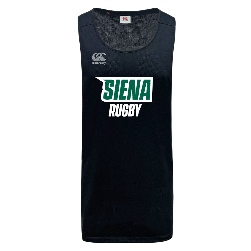 The Siena College Tempo Vapodri Singlet by WRS Canterbury is a black sleeveless workout top with "Siena Rugby" in green and white text, designed with VapoDri technology for peak performance.