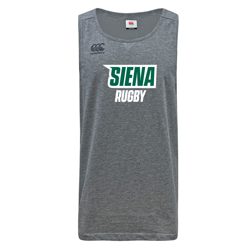 The Siena College Tempo Vapodri Singlet by WRS Canterbury is a gray sleeveless shirt with the "Siena Rugby" print in bold green and white, featuring Canterbury branding. Made from recycled polyester, it uses VapoDri technology for cooling comfort.