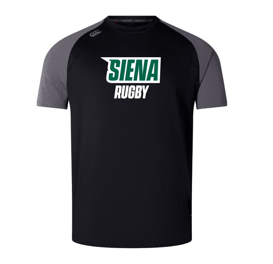 The Siena College Elite Training Tee by WRS Canterbury sports a black and gray design with "Siena Rugby" in green and white. Made from lightweight, durable Vapodri fabric, this short-sleeve shirt offers comfort and performance.