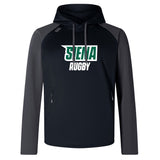 The WRS Canterbury Siena College Club Lightweight Hoodie boasts a black and gray design with "Siena Rugby" in green and white text. Featuring a kangaroo pocket, this stylish hoodie is ideal for casual wear.