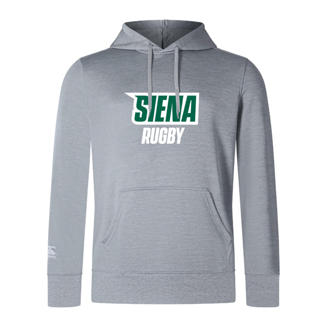 The Siena College Club Lightweight Hoodie by Canterbury is a gray hoodie featuring "Siena Rugby" in green and white text, a kangaroo pocket, and the stylish Canterbury logo. This lightweight WRS Canterbury attire is perfect for casual outings or cheering from the sidelines.