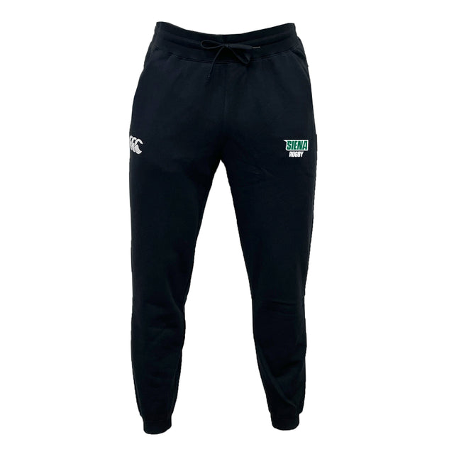 The Siena College Leisure Sweatpant by EMB Canterbury is made from recycled polyester, featuring a white CCC logo on the left and a green "Siena Rugby" logo on the right.