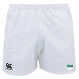 The Siena College Advantage Rugby Shorts by EMB Canterbury, made with moisture-wicking fabric, feature an elastic waistband for comfort. They display a black Canterbury logo on the left and a green Siena Rugby logo on the right.