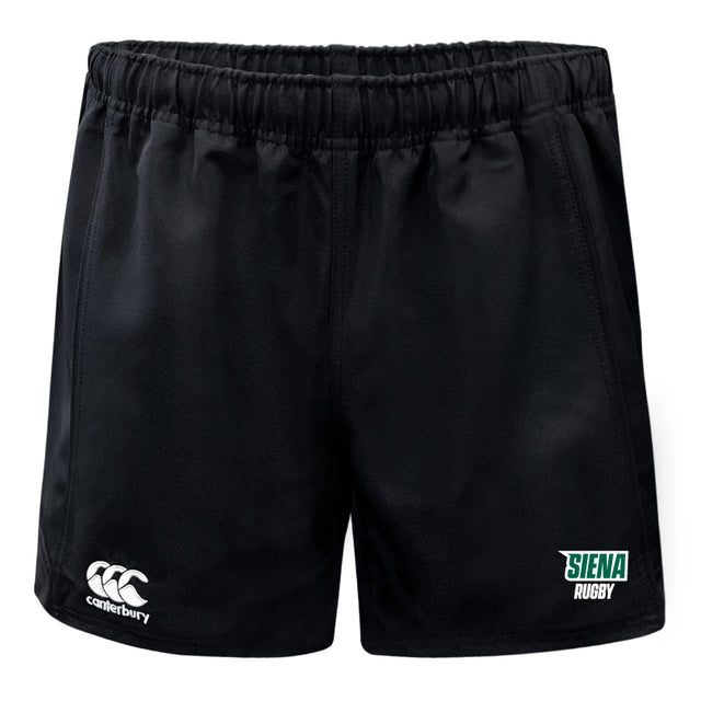 Siena College Advantage Rugby Shorts by EMB Canterbury feature the "Siena Rugby" logo on the right leg, the "Canterbury" logo on the left, and moisture-wicking tech to ensure comfort on and off the field.