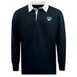 The Siena College Classic Long Sleeve Solid Rugby Jersey by EMB Mudoo features a relaxed black cotton/poly blend, a white collar, and green and white "Siena Rugby" logo on the left chest.