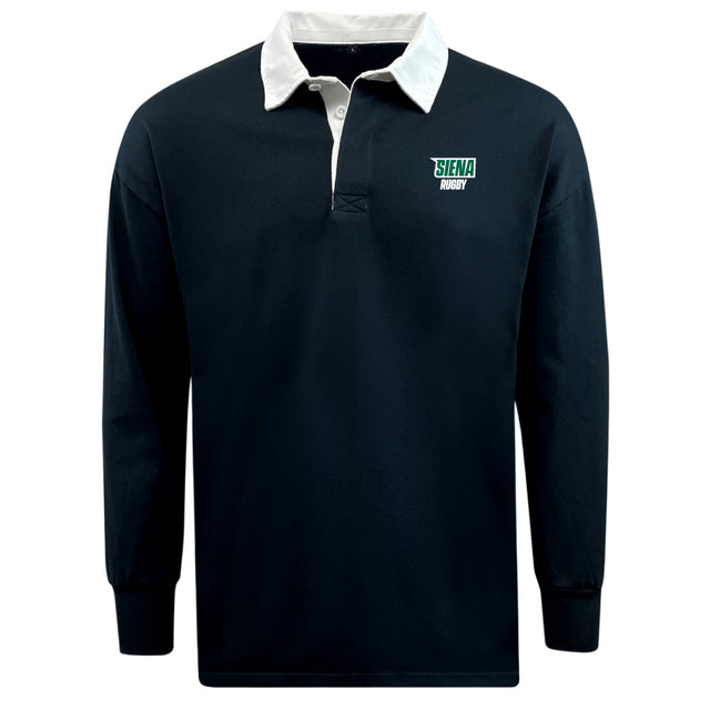 The Siena College Classic Long Sleeve Solid Rugby Jersey by EMB Mudoo features a relaxed black cotton/poly blend, a white collar, and green and white "Siena Rugby" logo on the left chest.