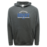 The Nations of Rugby Scotland Wordmark 60/40 Pullover Hoodie by WRS Augusta is a gray hoodie with "Scotland Rugby" printed in blue and white on the front. It features a Scotland wordmark beneath an adjustable drawstring hood and above a central kangaroo pocket.