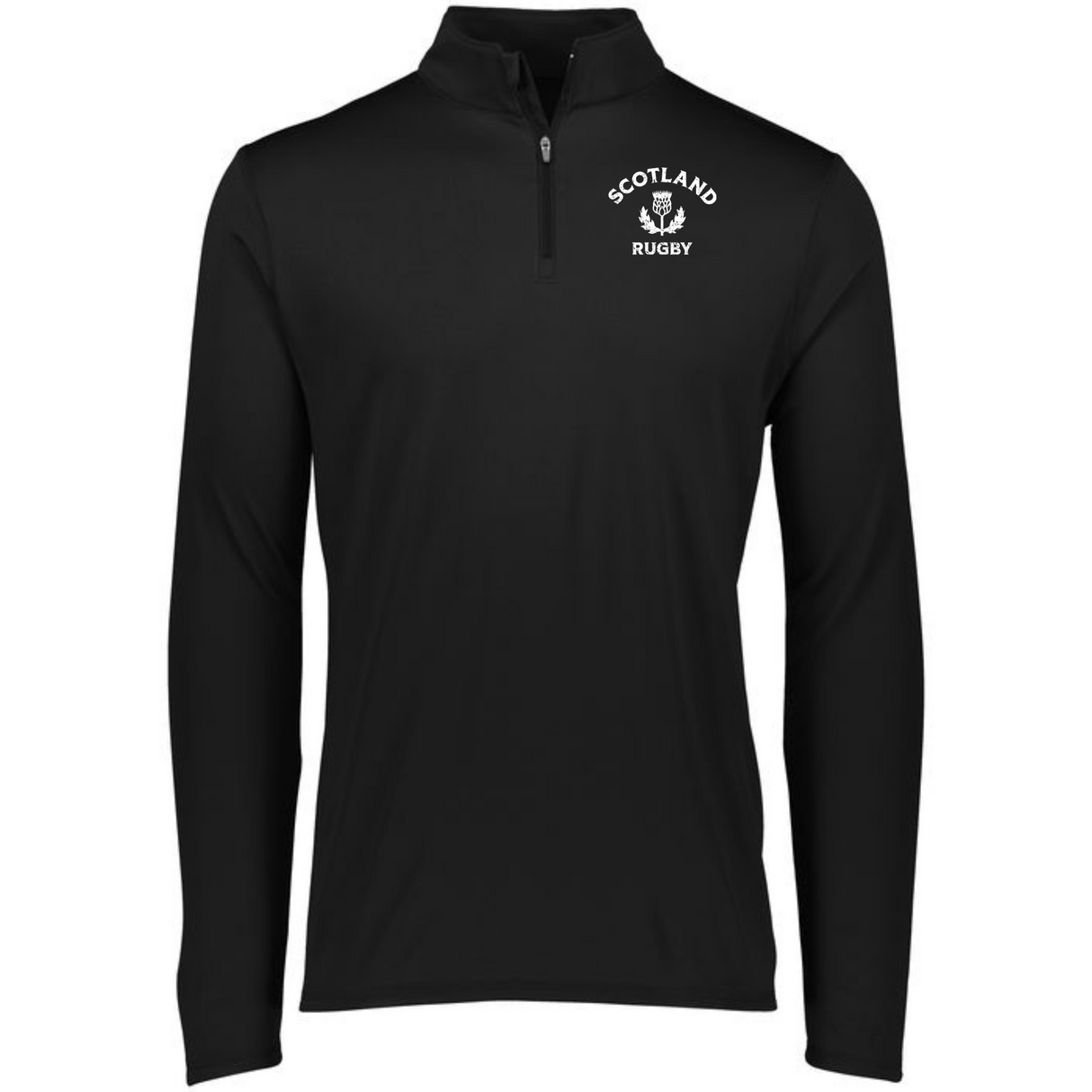 A black men's Nations of Rugby Scotland Rugby 1/4 Zip Pullover with a white EMB Augusta logo. This 1/4 Zip Pullover is also wicking, keeping you cool and dry during any activity.