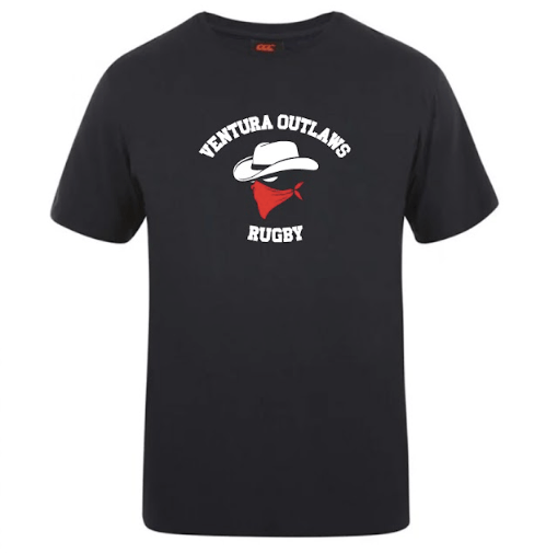 The Ventura Outlaws Rugby Club Plain Tee by Canterbury from WRS Canterbury is a black t-shirt featuring the "Ventura Outlaws Rugby" text and an image of a hat-wearing figure with a red bandana over their face. This comfortable t-shirt is also customizable to suit your personal style.