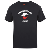 The Ventura Outlaws Rugby Club Plain Tee by Canterbury from WRS Canterbury is a black t-shirt featuring the "Ventura Outlaws Rugby" text and an image of a hat-wearing figure with a red bandana over their face. This comfortable t-shirt is also customizable to suit your personal style.