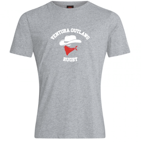 A comfortable gray T-shirt, the Ventura Outlaws Rugby Club Plain Tee by Canterbury from WRS Canterbury, features a white hat and red bandana graphic along with the text "Ventura Outlaws Rugby," making it perfect for any CCC Club member.