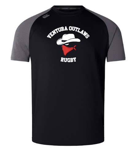 Introducing the Ventura Outlaws Rugby Elite Training Tee by Canterbury, a black short-sleeved rugby shirt with gray shoulders. Featuring the text "Ventura Outlaws Rugby" and a graphic of a cowboy hat, bandana, and sunglasses on the chest, this lightweight and durable tee from WRS Canterbury incorporates Vapodri fabrics for optimal performance.