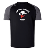 Introducing the Ventura Outlaws Rugby Elite Training Tee by Canterbury, a black short-sleeved rugby shirt with gray shoulders. Featuring the text "Ventura Outlaws Rugby" and a graphic of a cowboy hat, bandana, and sunglasses on the chest, this lightweight and durable tee from WRS Canterbury incorporates Vapodri fabrics for optimal performance.