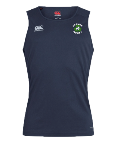 The Clover Blue Eagles Club Dry Singlet by WRS Canterbury is a navy rugby training shirt featuring the "Clover Rugby" logo on the front and Canterbury brand logos on the chest, ideal for representing the Clover Blue Eagles Club.