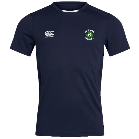 Navy blue dry tee named "Clover Blue Eagles Club Dry Tee by Canterbury," showcasing the "Clovers Rugby" logo and WRS Canterbury emblem on the chest, ideal for members of the Clover Blue Eagles Club.