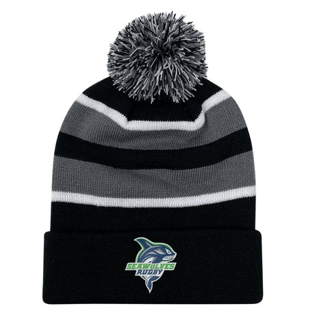 Striped acrylic fabric Seattle Seawolves Rugby Hooped Pom Pom Beanie with a pom-pom and EMB Augusta logo.