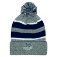 Hooped acrylic fabric beanie with pom pom and Seattle Seawolves Rugby logo, by EMB Augusta.