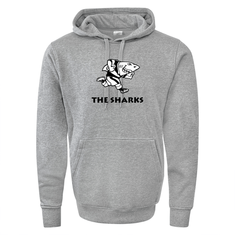 The WRS Augusta The Sharks 60/40 Pullover Hoodie features a cartoon shark character and the text "The Sharks" on the front, making it perfect for South Africa rugby fans.