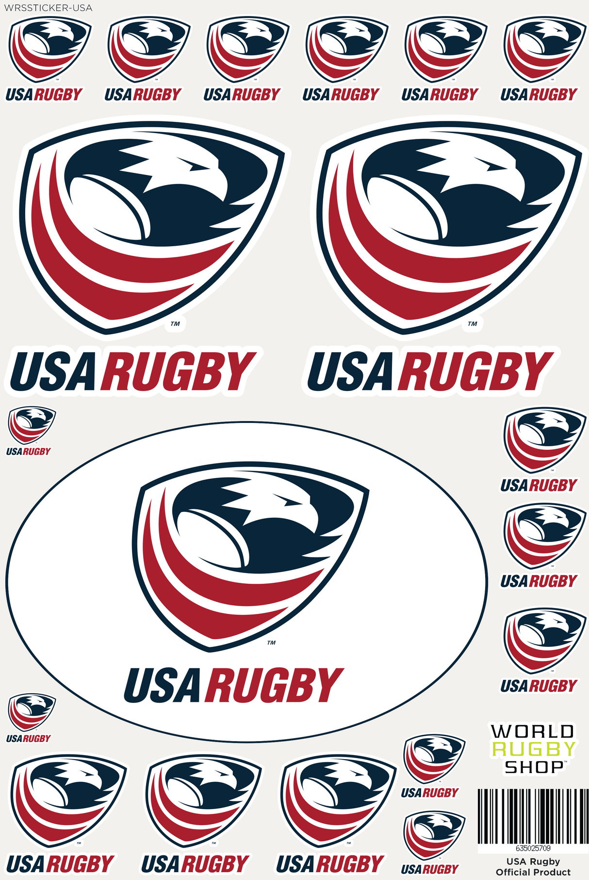 Sheet of USA Rugby eagle logos and text in various sizes and shapes, branded by World Rugby Shop. Ideal for die-hard fans as part of the USA Rugby Fan Stocking Stuffers 3-Pack from Fast Bundle or when paired with the Gilbert USAR Mini Replica Rugby Ball.