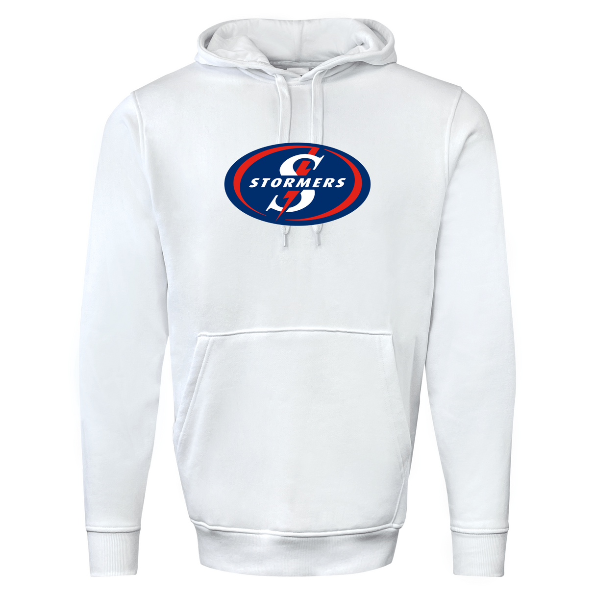 Stormers 60/40 Pullover Hoodie by WRS Augusta, a white fleece hooded sweatshirt adorned with a striking blue and red "Stormers" logo on the chest, pays tribute to the renowned South Africa Stormers rugby team.